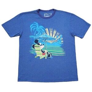 Disney Store Tropical Sunset Mickey Sz Small Organic Cotton Blend Blue T-Shirt